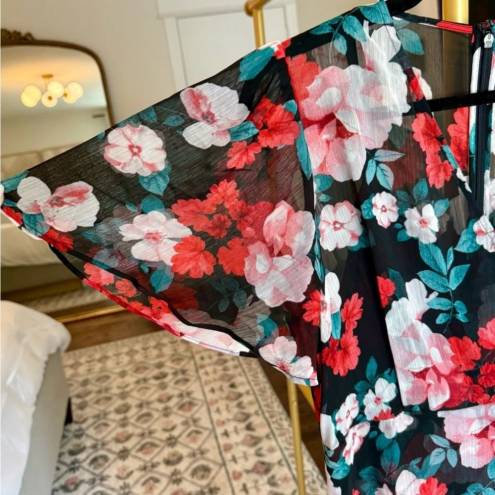 Calvin Klein Faux Wrap Black Red Floral Midi Wrap Dress - Size 8 - Picture 10 of 11